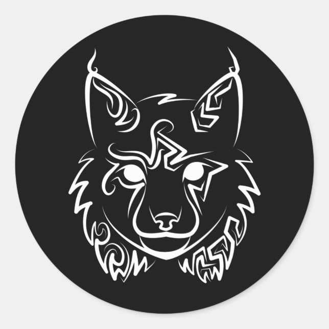 Black and White Tribal Lynx Classic Round Sticker (Front)
