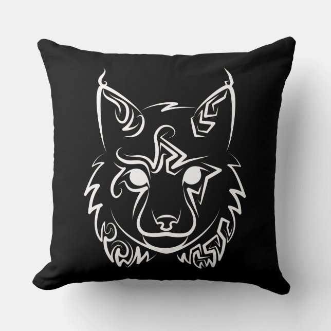 Black and White Tribal Lynx Throw Pillow (Front)