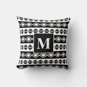Black and White Tribal Pattern Monogram Throw Pillow