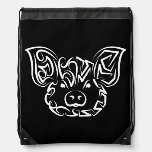 Black and White Tribal Pig Drawstring Bag