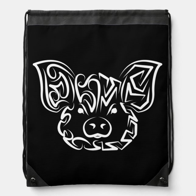 Black and White Tribal Pig Drawstring Bag (Front)