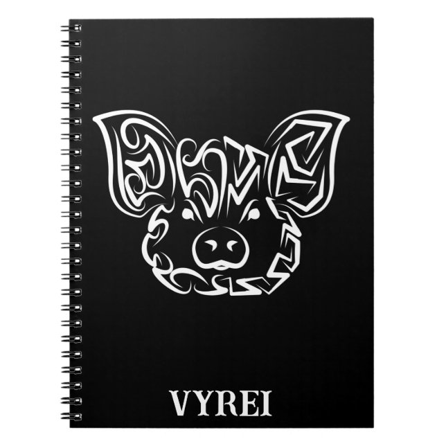 Black and White Tribal Pig Notebook (Front)