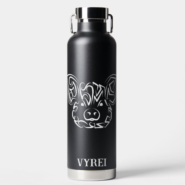 Black and White Tribal Pig Water Bottle (Front)