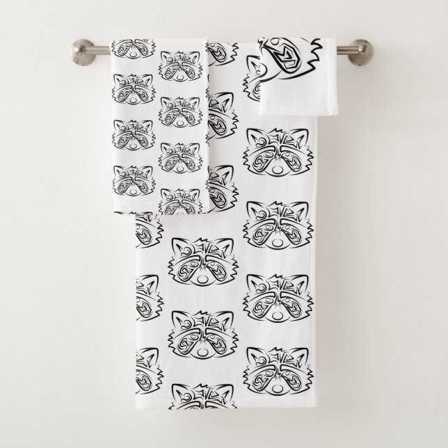 Black and White Tribal Raccoon Bath Towel Set (Insitu)