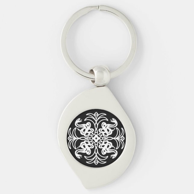 Black and White Tribal Rattlesnake Mandala Keychain (Front)