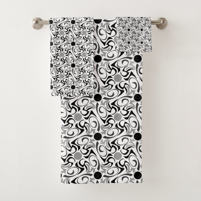 Black and White Tribal Rice Grain Pattern Bath Towel Set (Insitu)