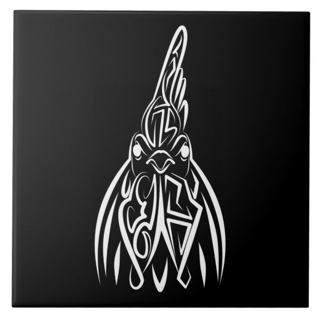 Black and White Tribal Rooster Ceramic Tile (Front)