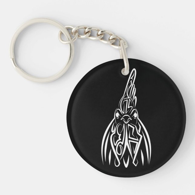 Black and White Tribal Rooster Keychain (Front)