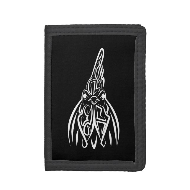 Black and White Tribal Rooster Trifold Wallet (Front Vertical)