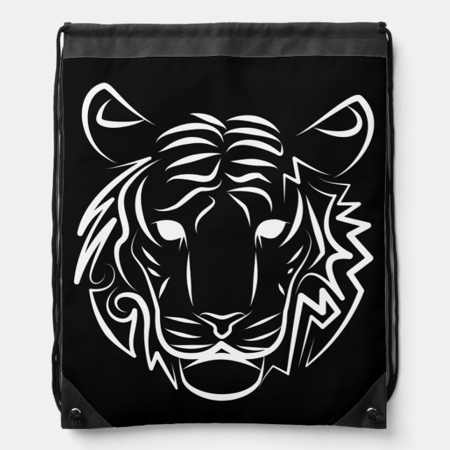 Black and White Tribal Tiger Drawstring Bag (Front)