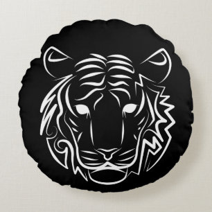 Black and White Tribal Tiger Round Pillow