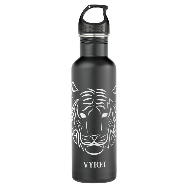 Black and White Tribal Tiger Stainless Steel Water Bottle (Front)