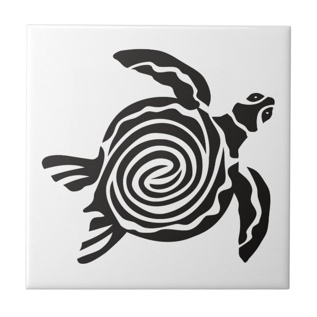 Black and White Tribal Turtle Art Ceramic Tile (Front)