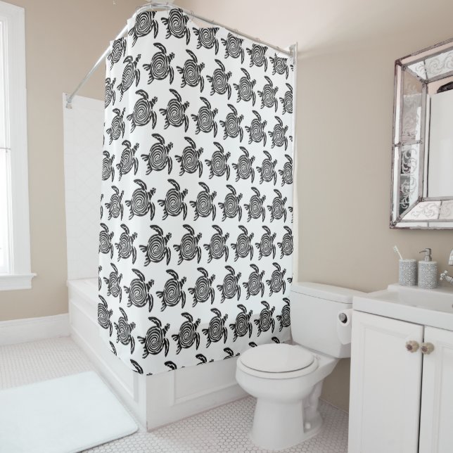 Black and White Tribal Turtle Art Shower Curtain (In Situ)