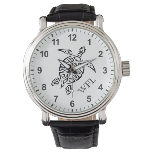 Black And White Tribal Turtle Initials Watch