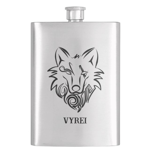Black and White Tribal Wolf Flask (Front)