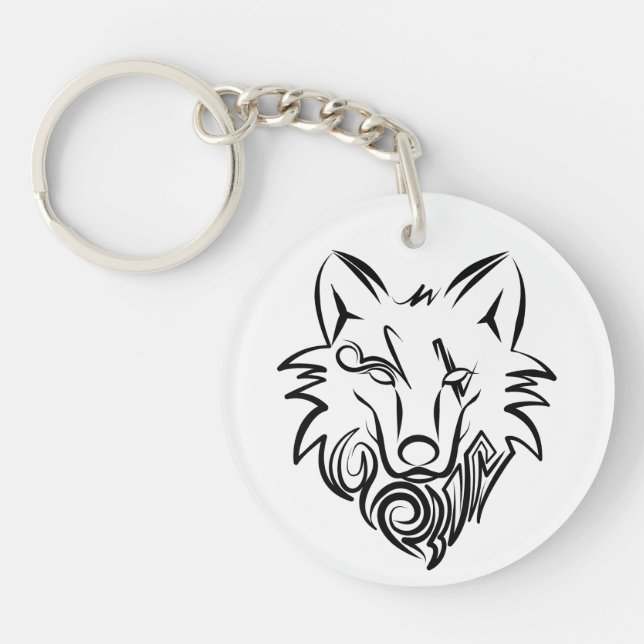 Black and White Tribal Wolf Keychain (Front)