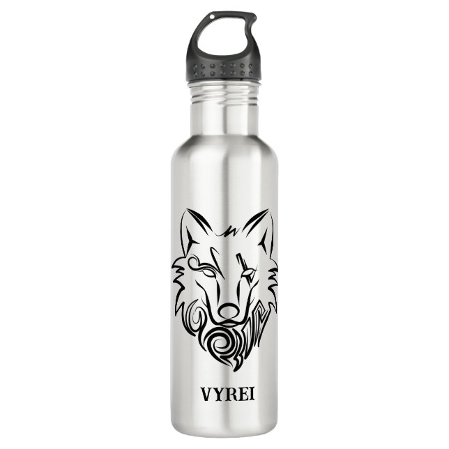 Black and White Tribal Wolf Stainless Steel Water Bottle (Front)