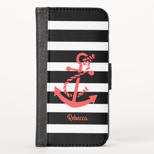 Black and white tripes coral boat anchor iPhone XS wallet case