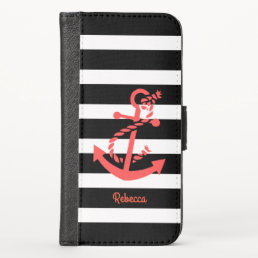 Black and white tripes nautical boat anchor iPhone x wallet case
