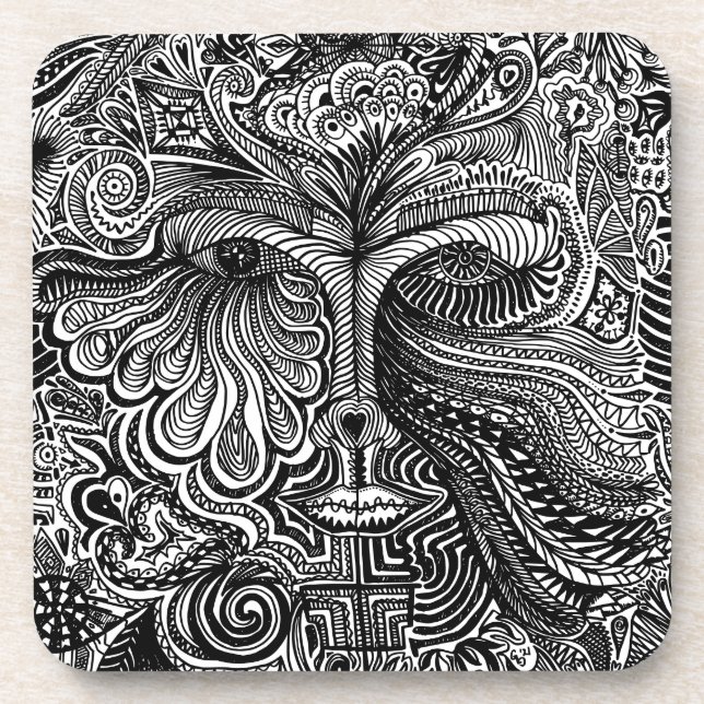 Black and White Trippy Line Portrait Beverage Coaster (Front)