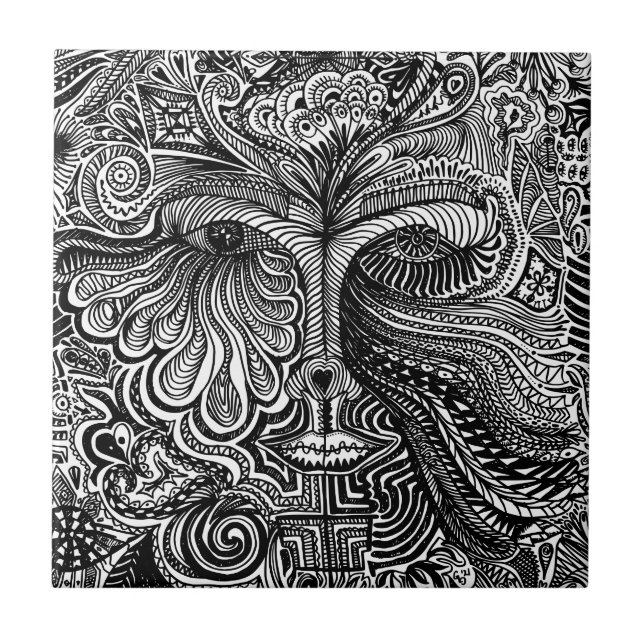 Black and White Trippy Line Portrait Ceramic Tile (Front)