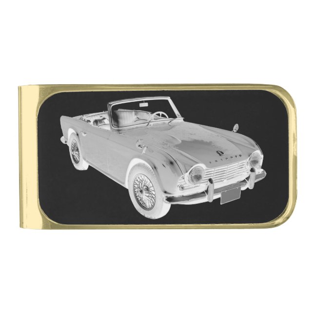 Black And White Triumph Tr4  Sports Car Gold Finish Money Clip (Front)