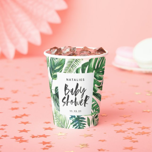 black and white tropical foliage baby shower paper cups (Insitu)