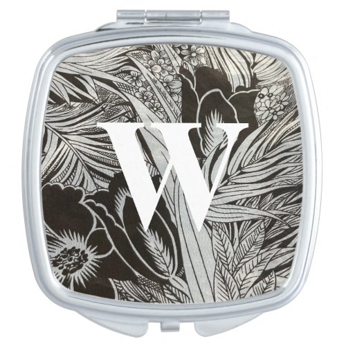 Black and White Tropical Jungle Flowers Monogram Compact Mirror