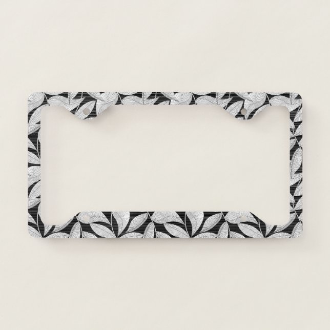 Black and white tropical leaf license plate frame (Front)