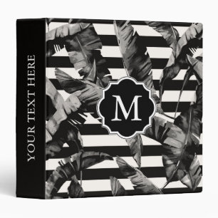 Black and White Tropical Leaves 3 Ring Binder