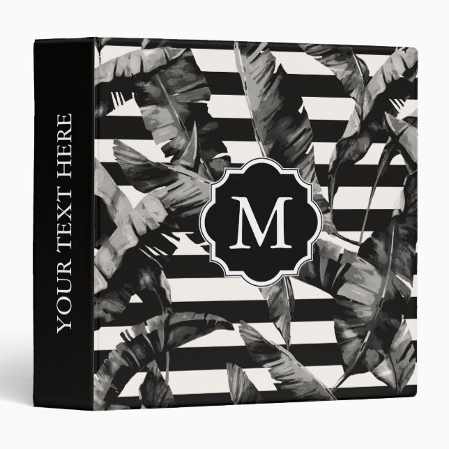 Black and White Tropical Leaves 3 Ring Binder (Front/Spine)