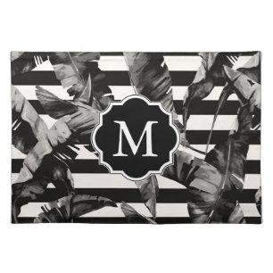 Black and White Tropical Leaves Cloth Placemat