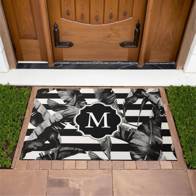 Black and White Tropical Leaves Doormat (Outdoor)