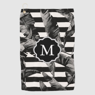 Black and White Tropical Leaves Golf Towel