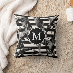 Black and White Tropical Leaves Throw Pillow