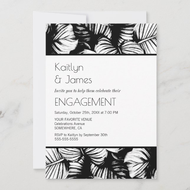 Black and White Tropical Palm Engagement Party Invitation (Front)