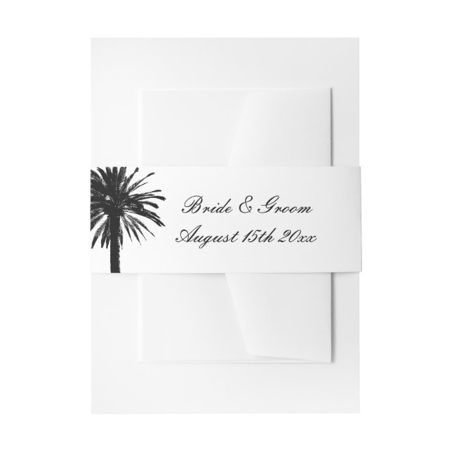 Black and white tropical palm tree beach wedding  invitation belly band (Front Example)