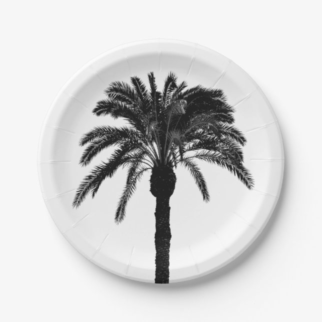 Black and white tropical palm tree paper plates (Front)