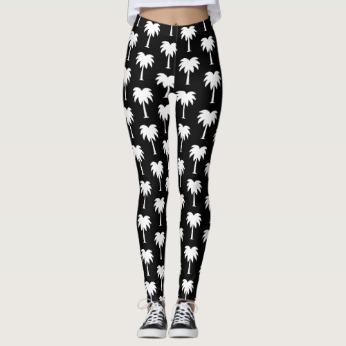 Black and white tropical palm tree pattern leggings