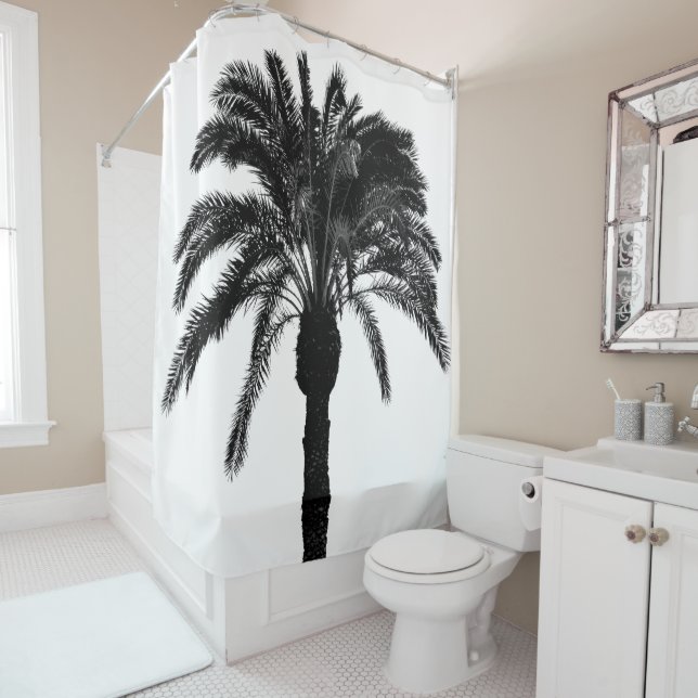 Black and white tropical palm tree shower curtain (In Situ)