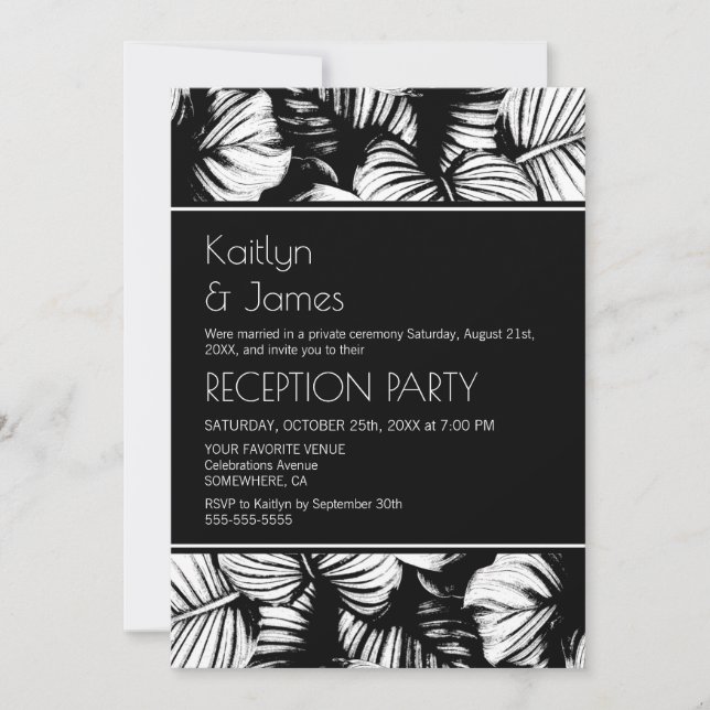 Black and White Tropical Palm Wedding Reception Invitation (Front)