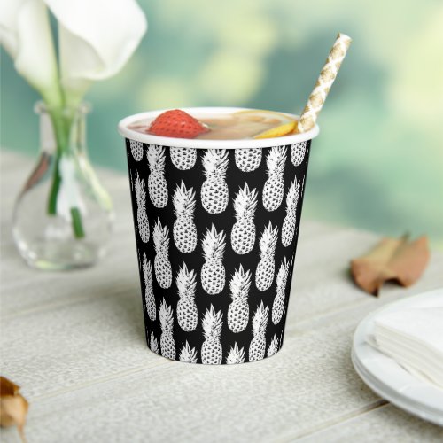 Black and white tropical pineapple fruit pattern paper cups