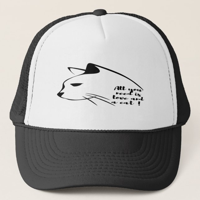 Black and White Trucker Hat | Minimalist Cat Face  (Front)