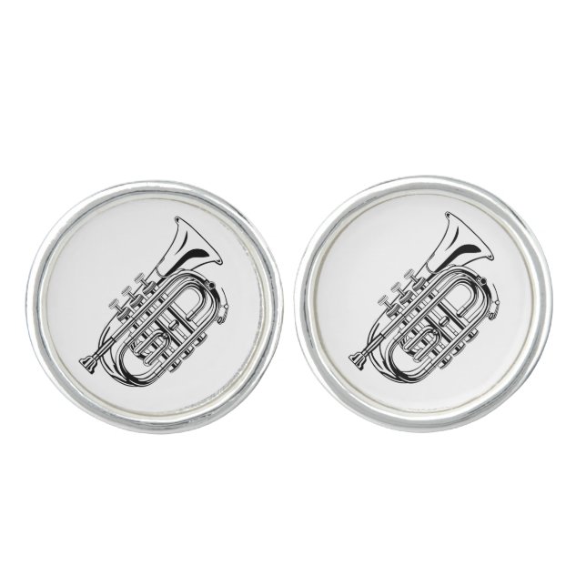 Black and White Trumpet Sketch Musical Instrument Cufflinks (Front)