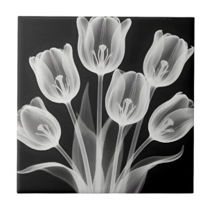Black and White Tulips Elegant Monochrome Ceramic Tile
