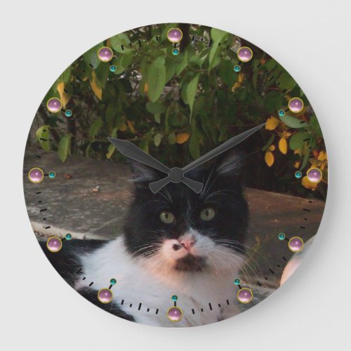 BLACK AND WHITE TURKISH CAT PIEROPink Gemstones Large Clock
