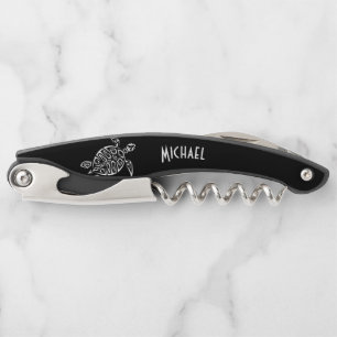 Black And White Turtle Monogram Coastal Waiter's Corkscrew
