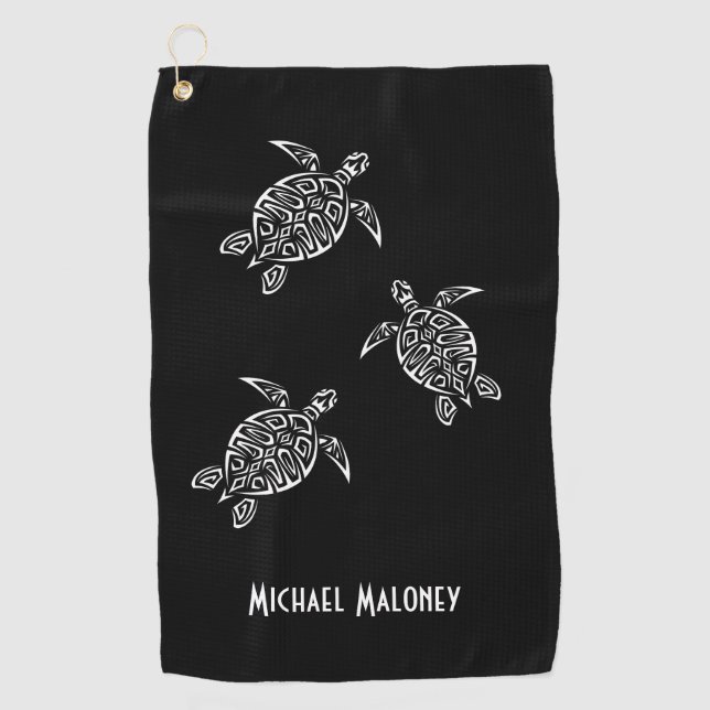 Black And White Turtle Your Name Maritime Golf Towel (Front)