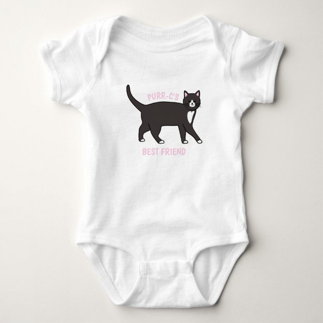 Black and White Tuxedo Cat Best Friend Baby Bodysuit (Front)